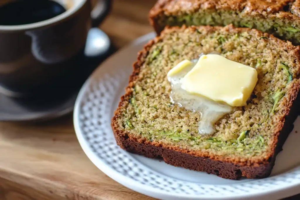 Slices of keto zucchini bread served with butter and coffee.