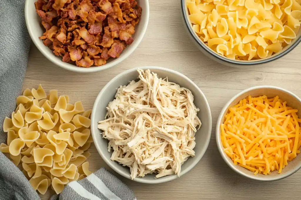 Crack Chicken Noodle Soup ingredients laid out on a wooden board.