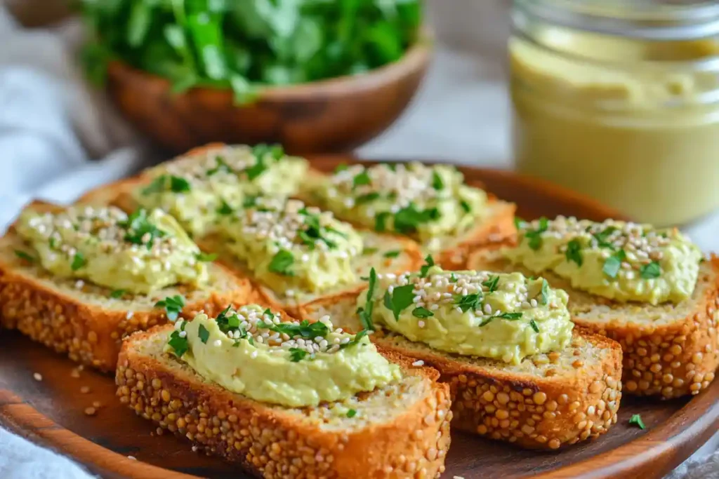 Lentil bread slices with hummus and avocado spread