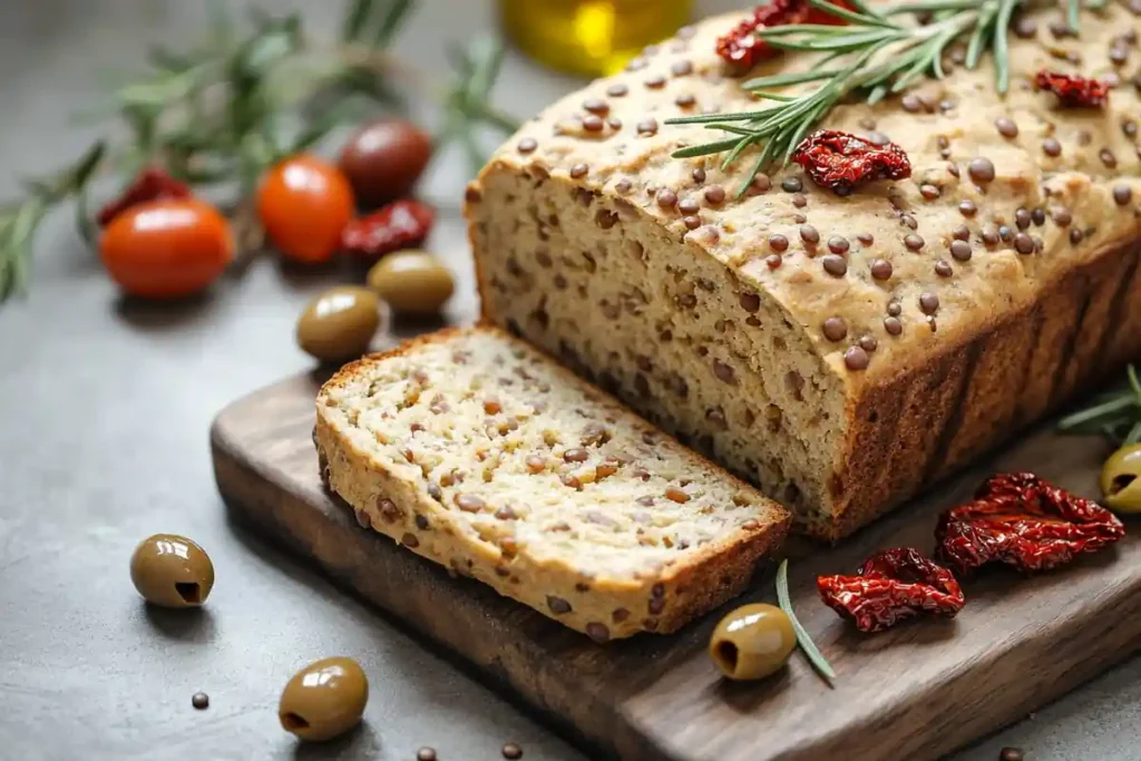 Mediterranean lentil bread topped with herbs and olives