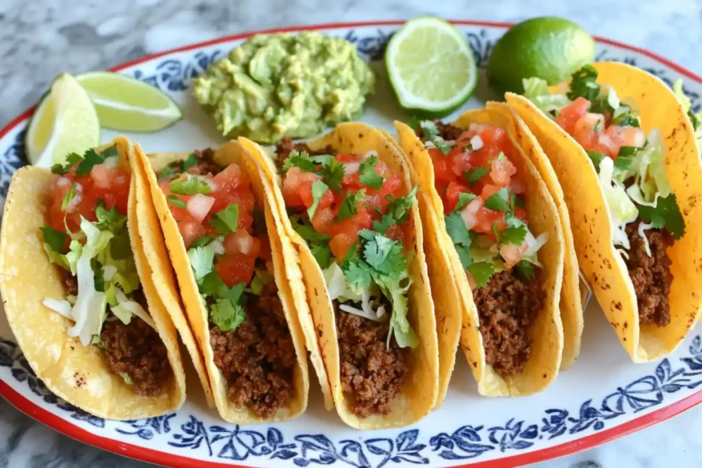 What to make with beef mince - Crispy beef tacos with fresh toppings and lime wedges.