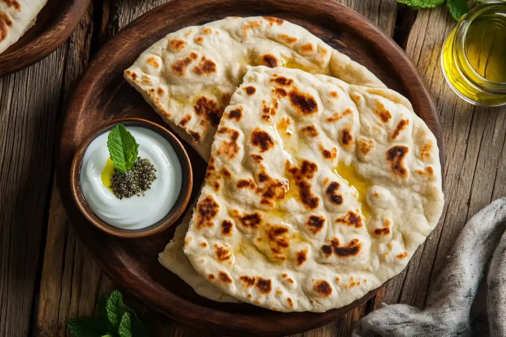 Traditional Middle Eastern flatbread with a side of yogurt for dipping.