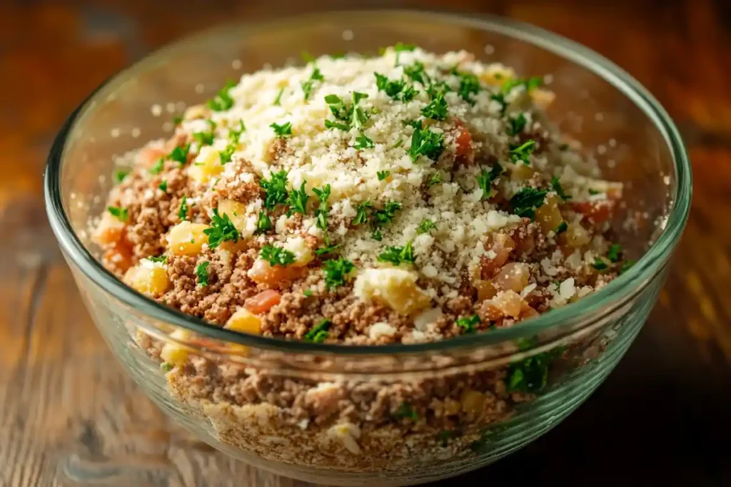 Freshly seasoned Italian meatloaf mixture ready to be shaped.