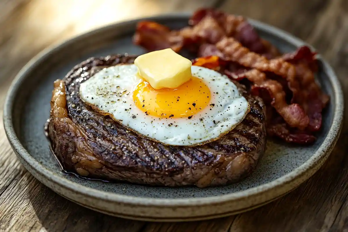 Carnivore diet breakfast with steak and eggs