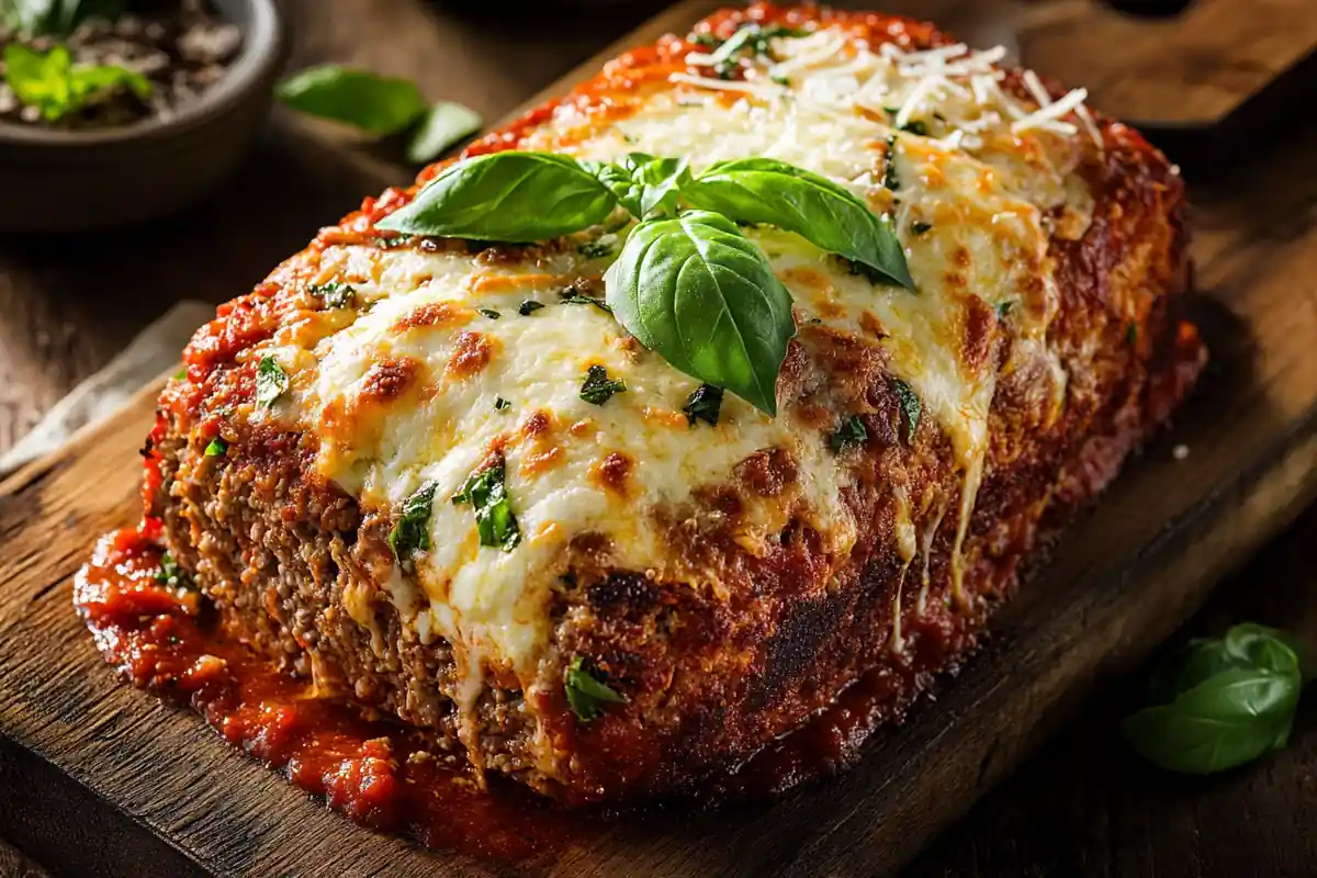 Delicious Italian meatloaf recipe with golden crust and melted cheese.