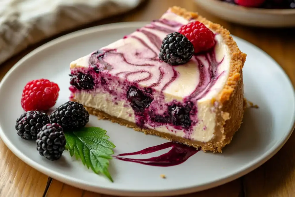 Sliced blackberry cheesecake on a dessert plate