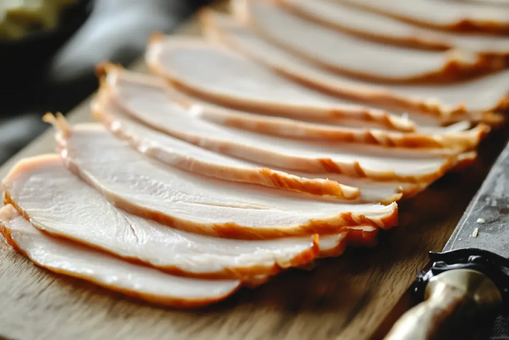 Sliced deli-style turkey on a wooden board.