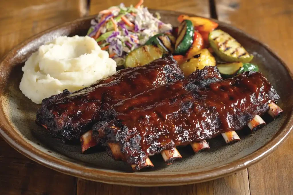 A plate of perfectly cooked country style beef ribs served with mashed potatoes.