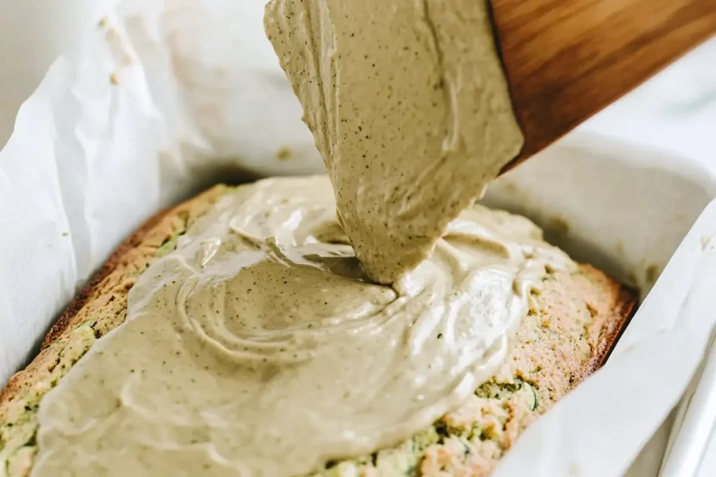 Keto zucchini bread batter being poured into a loaf pan.