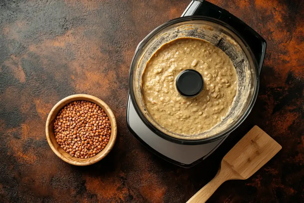 Blended lentil batter being prepared for baking