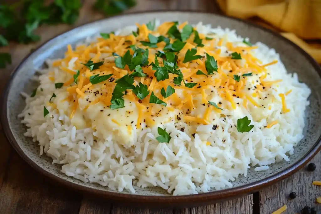 A plate of cheesy white rice with garnishes.