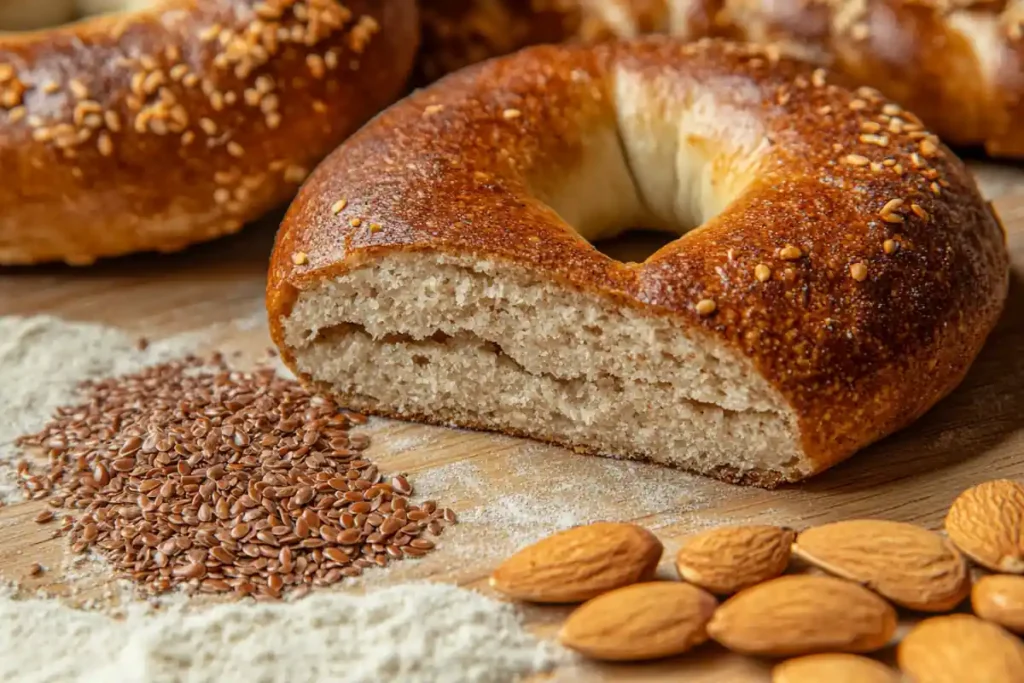 A keto bagel thin sliced in half showing its fluffy texture