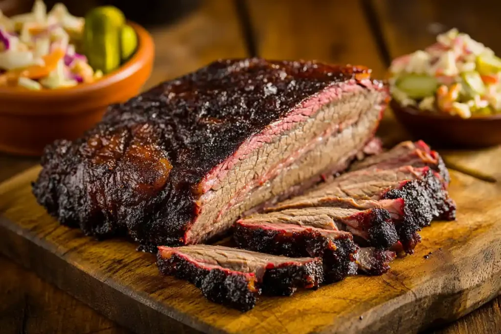 Smoked beef brisket with a deep smoke ring, sliced and ready to serve.