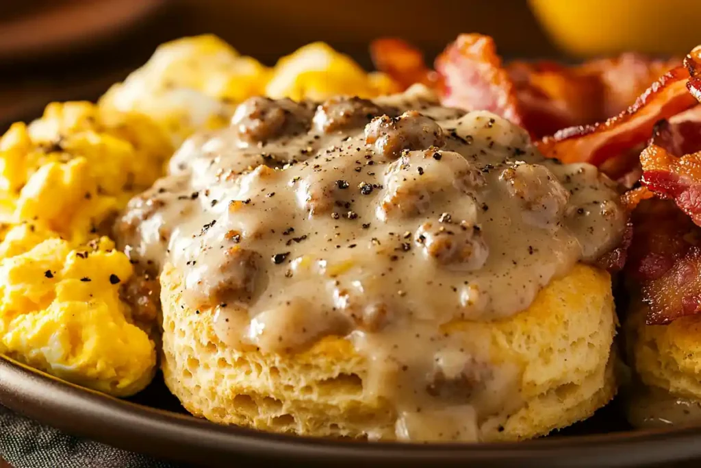 American breakfast biscuits served with gravy