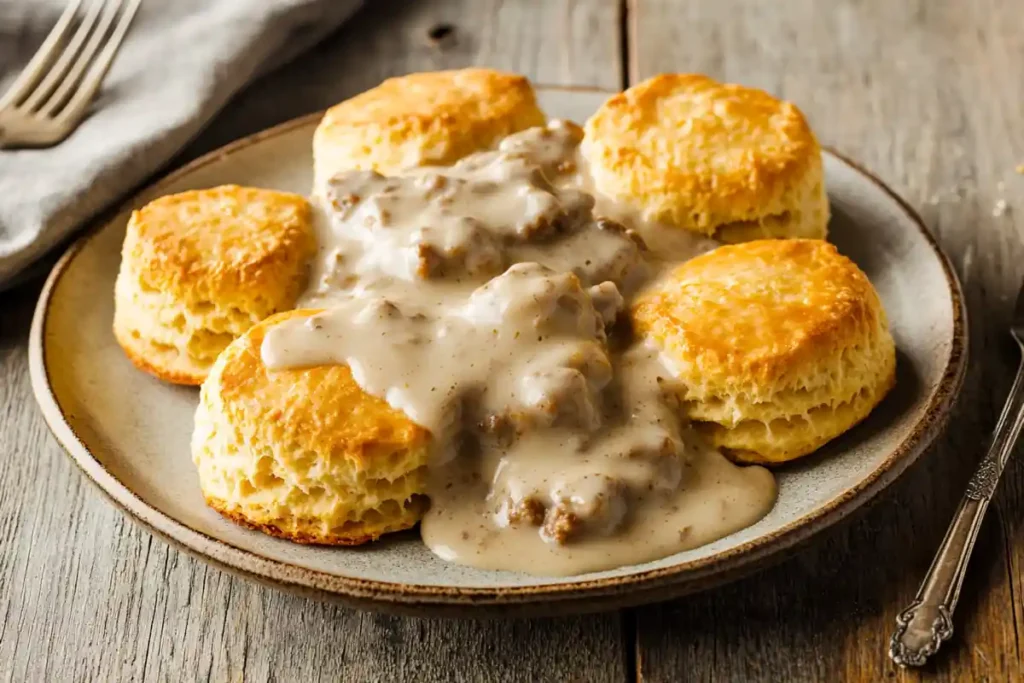 American biscuits with sausage gravy - a traditional breakfast dish.