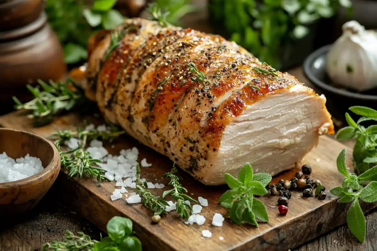 Deli-style turkey making process with brined turkey breast.