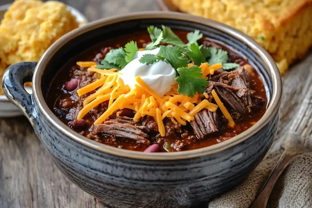 Bowl of Chili with Beef Brisket Garnished with Cheese