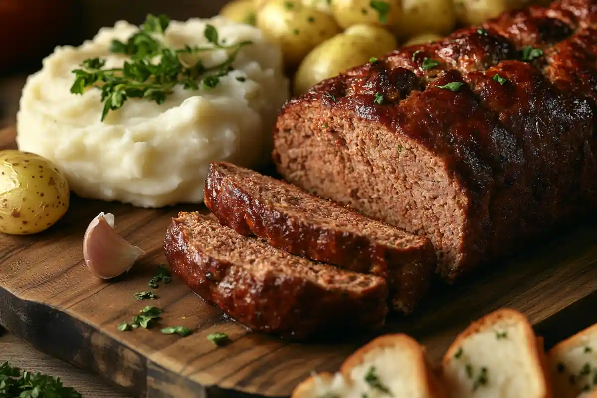 Italian Meatloaf Pairings with garlic bread and mashed potatoes.