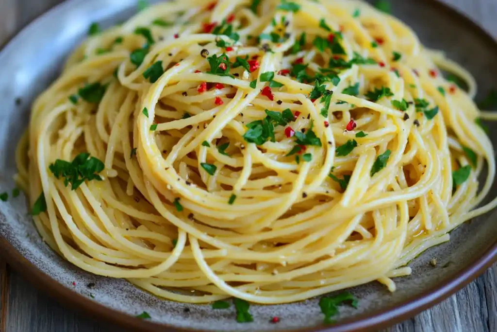 Spaghetti Aglio e Olio served with Italian meatloaf.