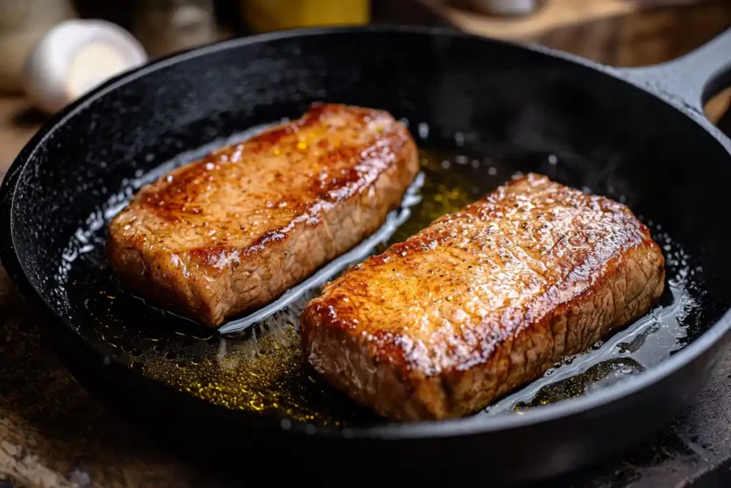 Beef cutlets frying in a pan