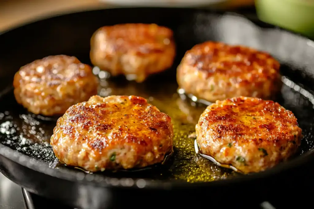 Chicken Breakfast Sausage Patties Cooking in a Pan