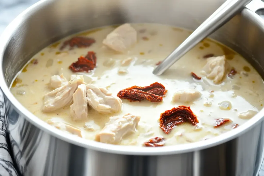 Marry Me Chicken Soup simmering in a pot with a creamy texture