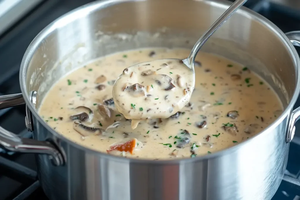 Creamy homemade mushroom soup in a pot