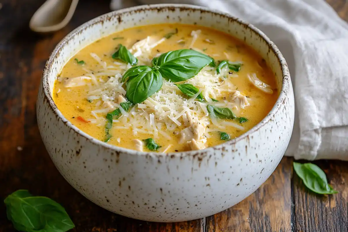 Marry Me Chicken Soup in a white bowl with Parmesan garnish