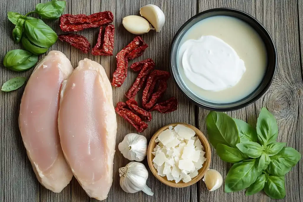 Fresh ingredients for Marry Me Chicken Soup laid out on a wooden surface