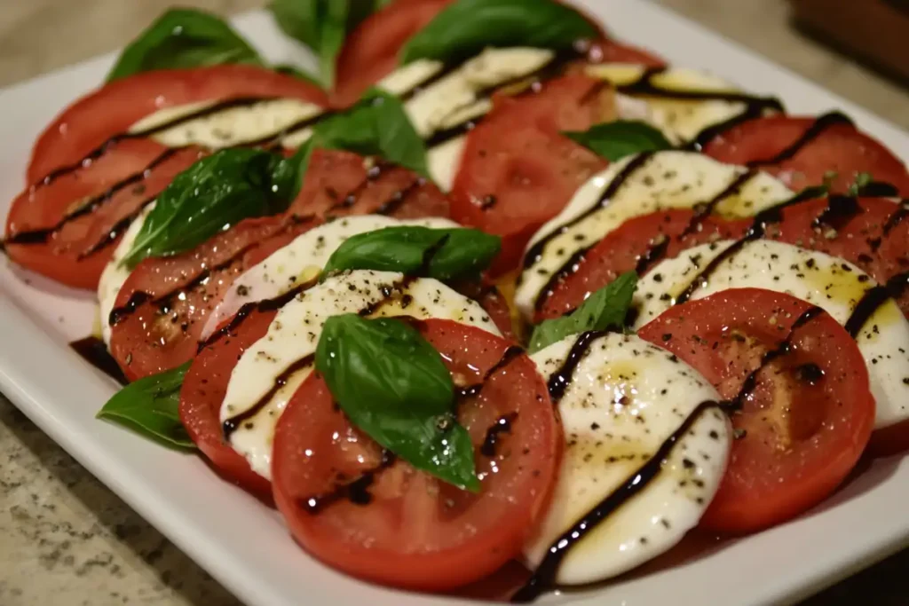 Caprese salad with fresh basil and balsamic drizzle.