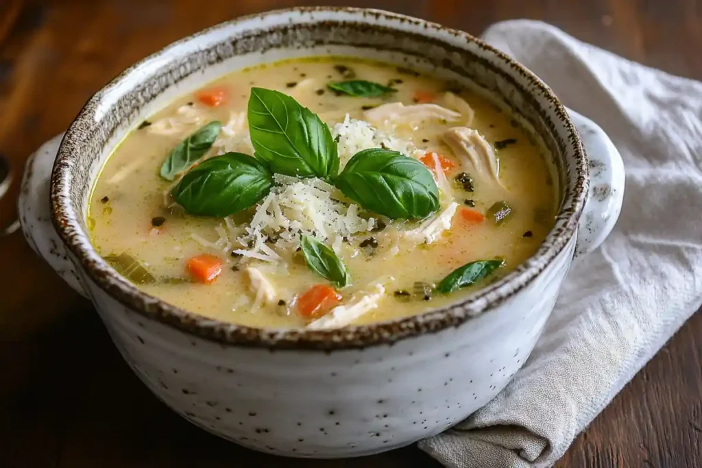 A creamy bowl of Marry Me Chicken Soup garnished with fresh basil and Parmesan