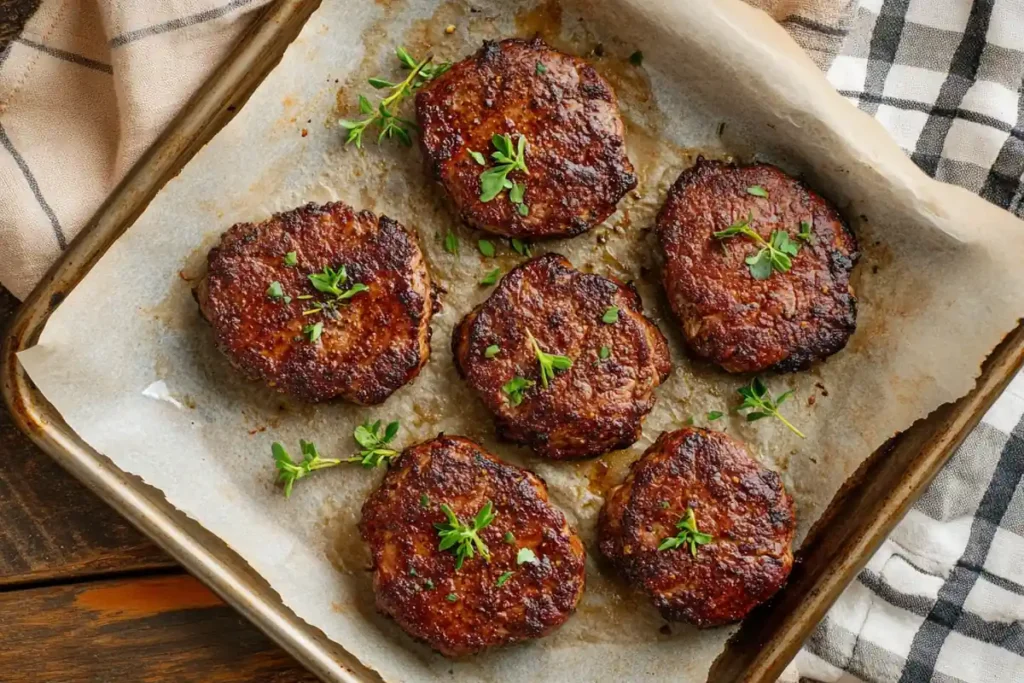 Baked beef cutlets on a tray