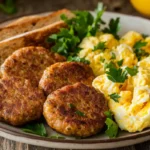 Chicken Breakfast Sausage with Scrambled Eggs and Toast