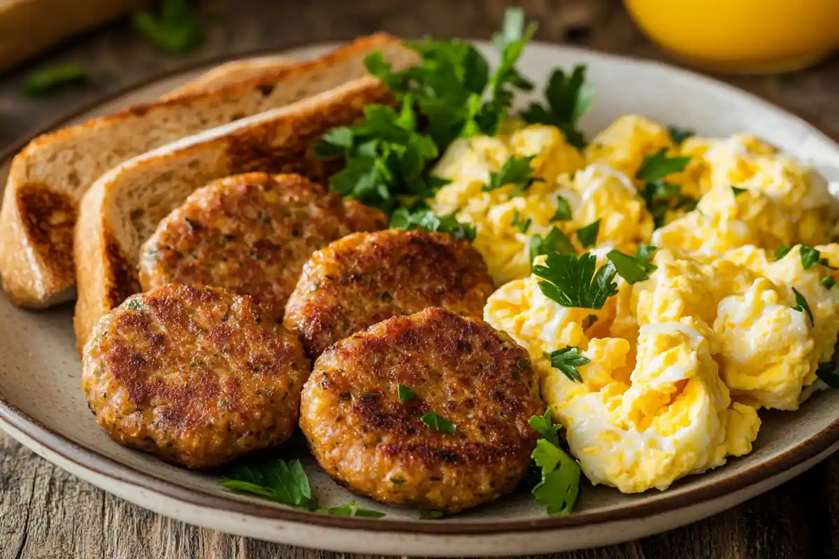 Chicken Breakfast Sausage with Scrambled Eggs and Toast