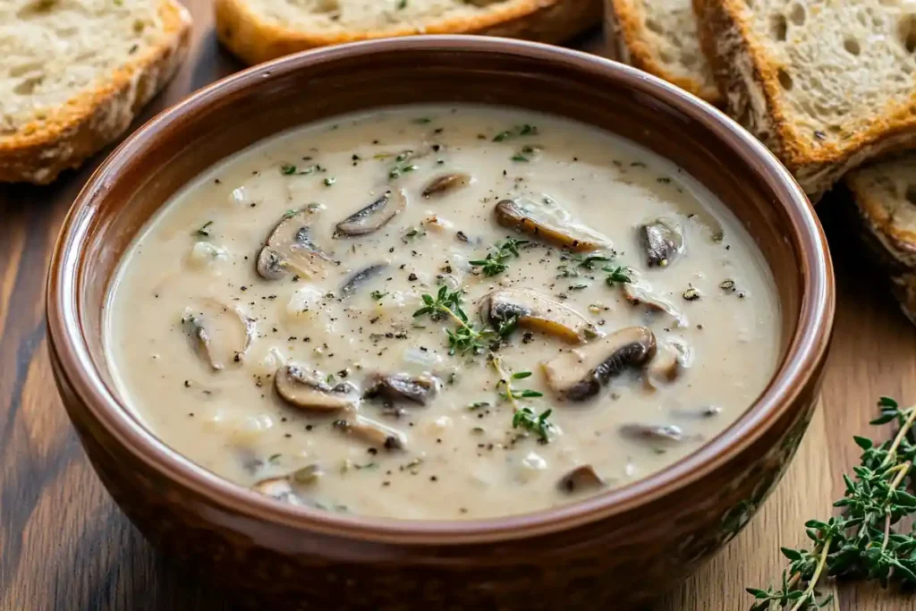 Mushroom soup with bread and herbs