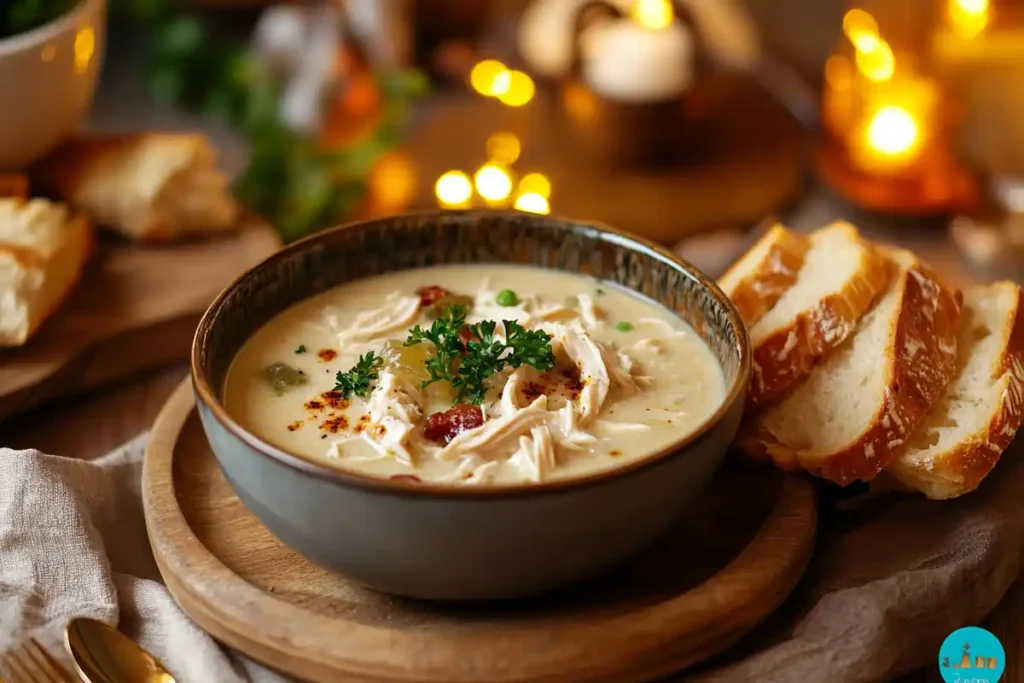 Marry Me Chicken Soup served with a side of crusty bread