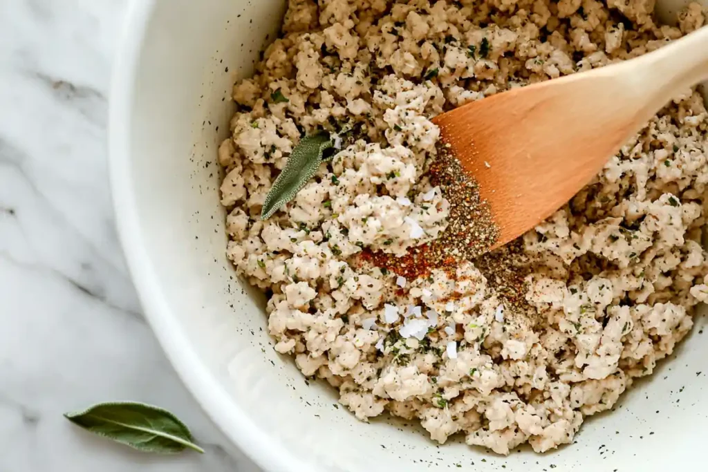 Mixing Chicken Sausage Ingredients in a Bowl