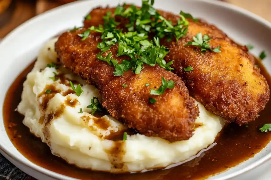 Beef cutlet served with mashed potatoes and sauce