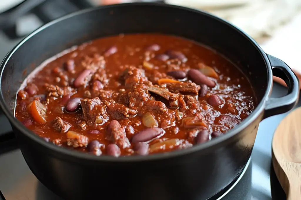 Chili with Beef Brisket Cooking in a Pot