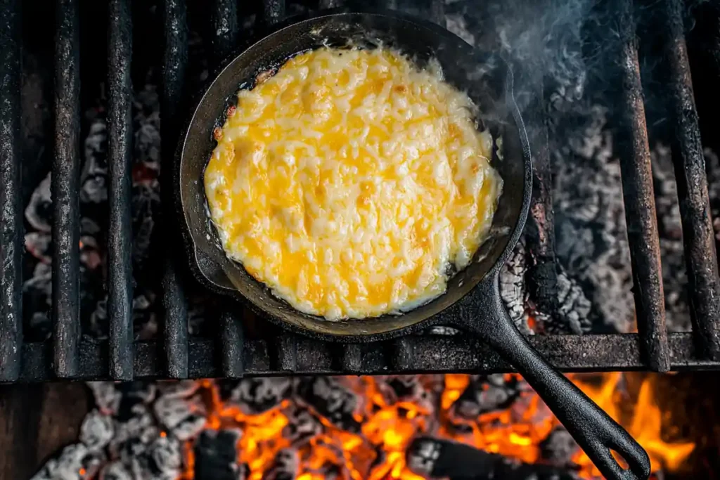 Smoked queso melting in a cast iron skillet on a grill