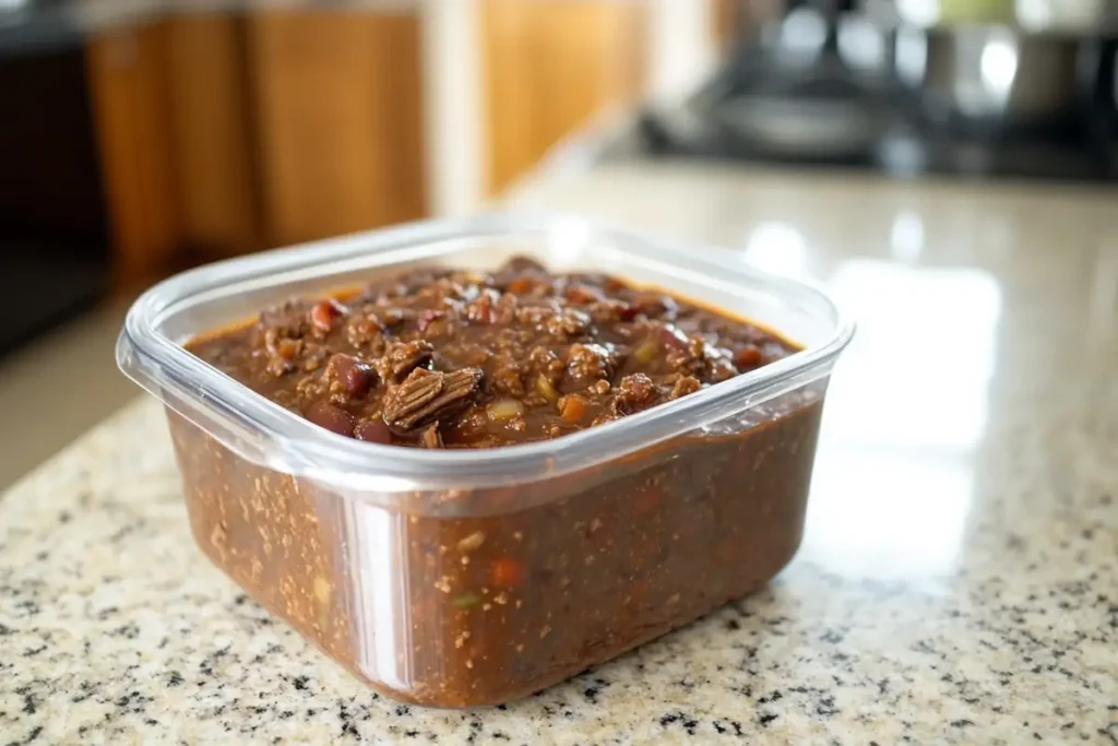 Storing Chili with Beef Brisket in a Container