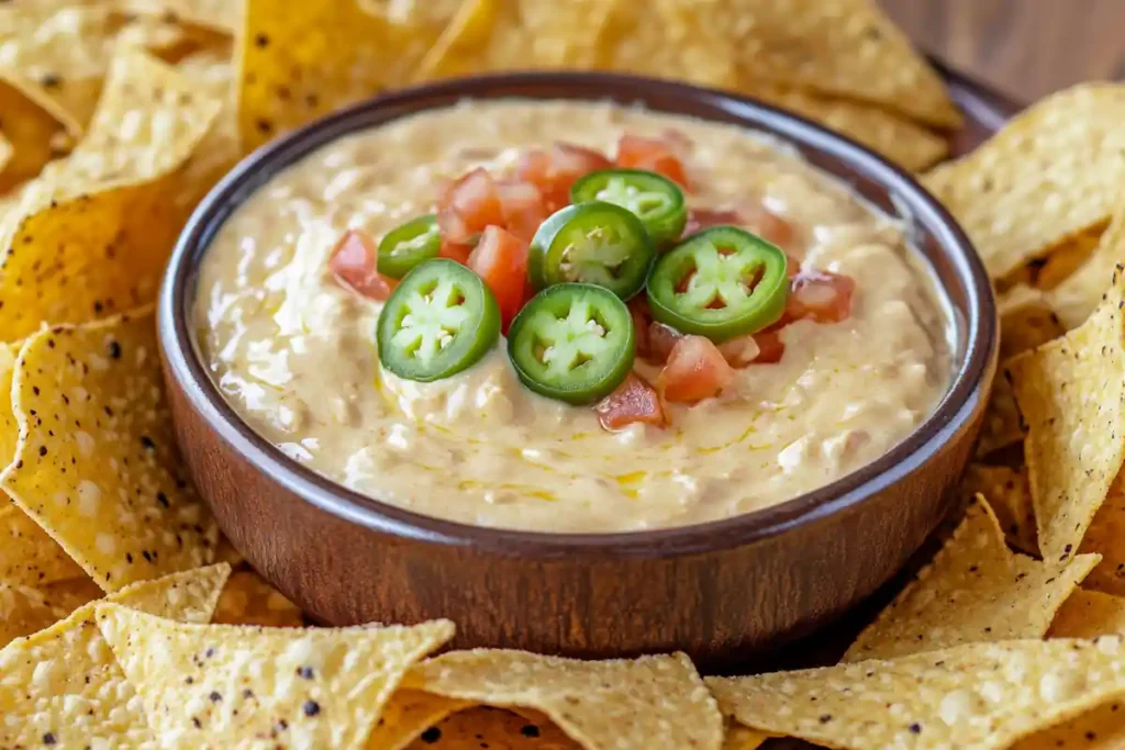 Smoked queso dip served with tortilla chips and jalapeños