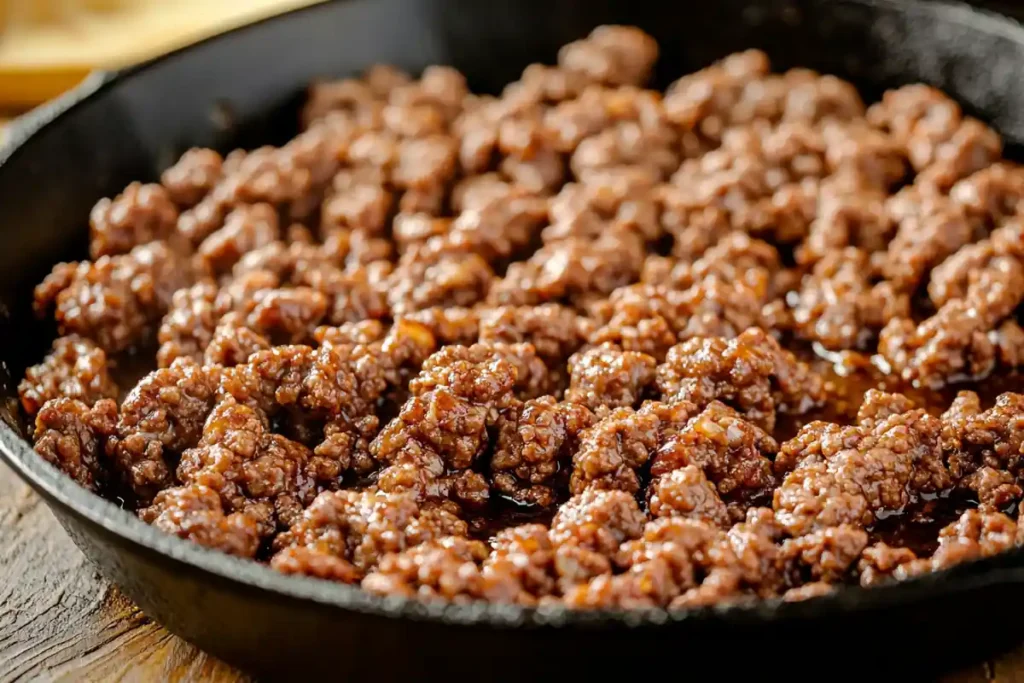 Browning ground beef in skillet for Mexican beef and rice skillet