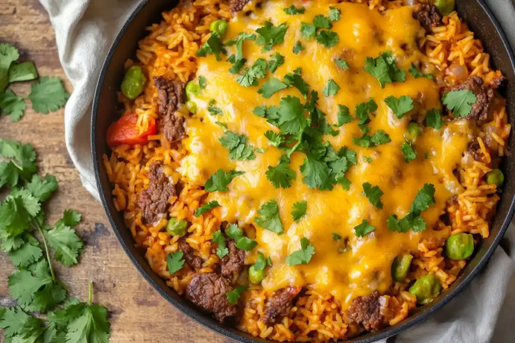 Cheesy finished Mexican beef and rice skillet