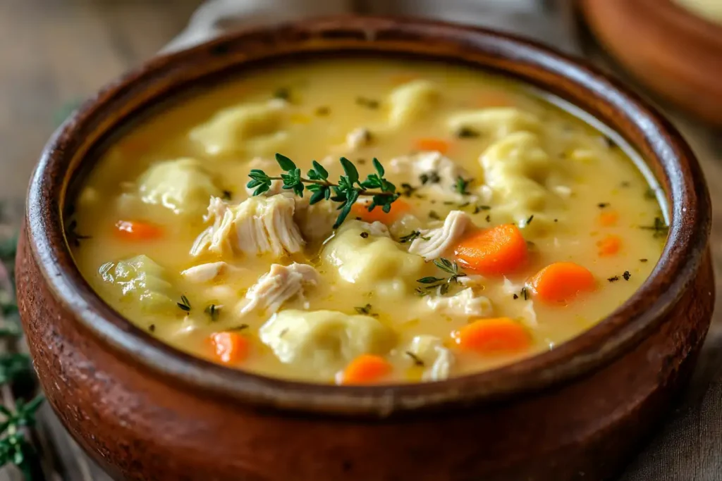 Creamy Chicken Dumpling Soup in a rustic bowl