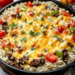 Mexican beef and rice skillet topped with golden cheese and fresh herbs