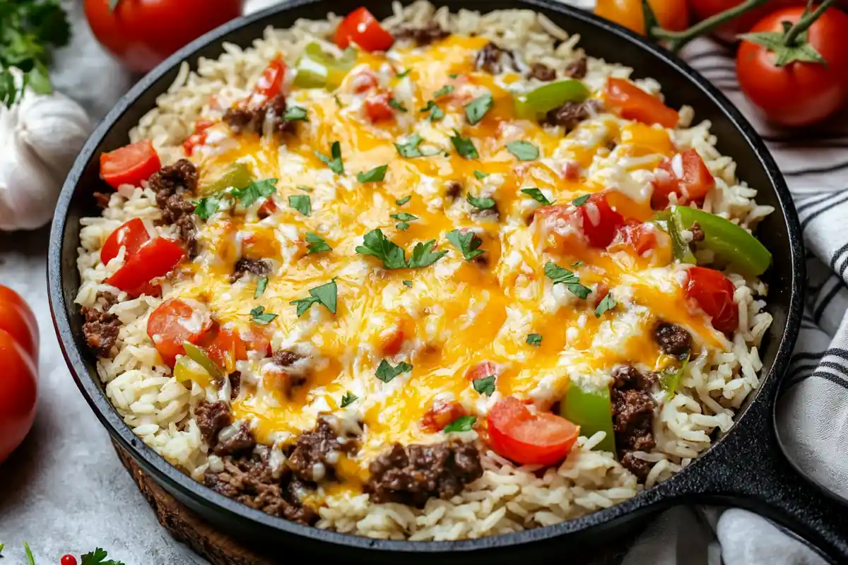 Mexican beef and rice skillet topped with golden cheese and fresh herbs