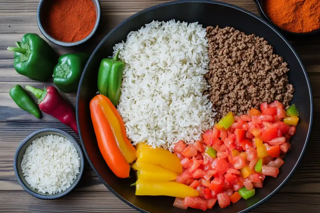 Ingredients laid out for Mexican beef and rice skillet