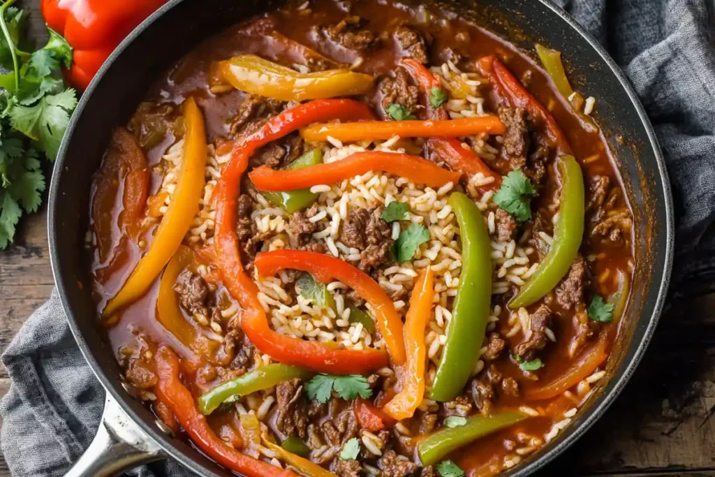 Simmering Mexican beef and rice skillet mixture