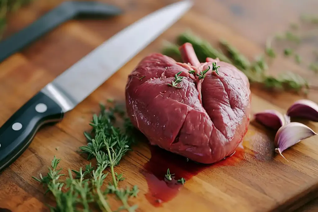 Raw beef heart close-up on butcher board